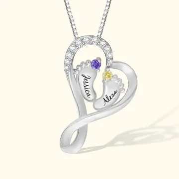 Discover Personalised Baby Feet Heart Necklace with 2 Birthstones and Names For Mother Gift