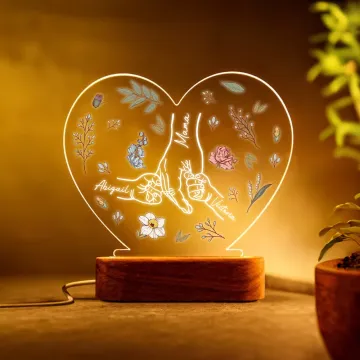 Discover Personalised Holding Hands Birth Flowers Heart-shaped LED Night Light with 1-6 Names and Wooden Base Mother's Day Birthday Gift for Mom Grandma