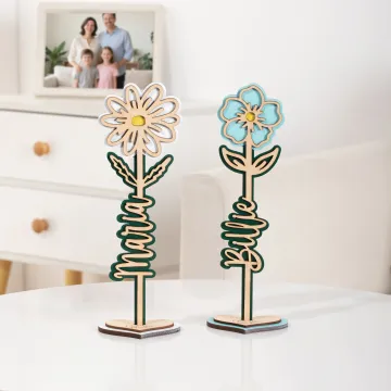 Discover Personalised Wooden Birth Flower Name Sign Plaque with Heart Base Desk Decor Birthday Anniversary Gift for Mom Wife Women