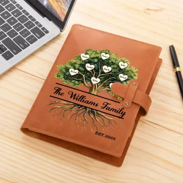Discover Personalised Family Tree of Life A5 Leather Notebook Cover with 2-20 Names and Storage Pocket Travel Essentials Birthday Gift for Family
