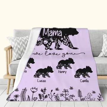 Discover Personalised Floral Mama Bear Fleece Blanket with 1-10 Baby Bears and Names Mother's Day Birthday Gift for Mom Grandma