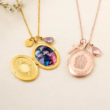 Discover Personalised  Birthstone Photo Locket Necklace with Cross or Initial Charm Dainty Jewellery Birthday Christian Gift for Women