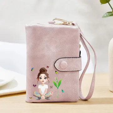 Discover Personalised 3D Cartoon Girl Tri-Fold PU Leather Wristlet Wallet with Birth Flower and Name Birthday Anniversary Gift for Women Girls