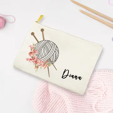 Discover Personalised Birth Flower Yarn Ball Canvas Makeup Bag with Name and Zipper Birthday Holiday Gift for Knitting Lovers