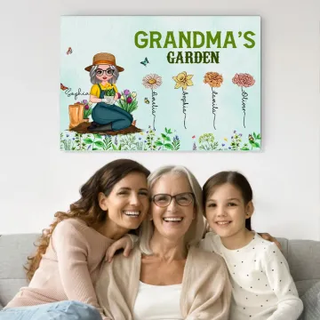 Discover Personalised Cartoon Character Birth Flower Garden  Poster Frameless Framed Painting with 1-12 Names Home Decor  Mother's Day Gift for Mom Grandma