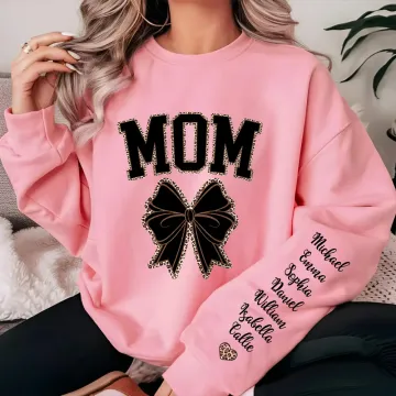 Discover Personalised Multicolour Leopard Bow 1-16 Names Soft Crew Neck T-shirt Sweatshirt with Title Birthday Mother's Day Appreciation Gift for Mom Grandma