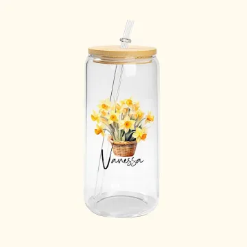Discover Personalised Birth Flower Basket Design 20oz Clear Frosted Can Glass with Name and Straw Birthday Gift for Women