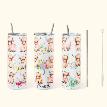 Discover Personalised Cute Boho Floral Highland Cow 20oz 30oz Tumbler with Name and Straw Birthday Gift for Highland Cow Lover