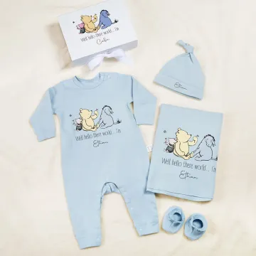Discover Personalized Classic Winnie the Pooh 100% Cotton Baby Romper Hat Blanket Outfit with Hamper and Name Baby Shower Coming Home Gift for Newborn