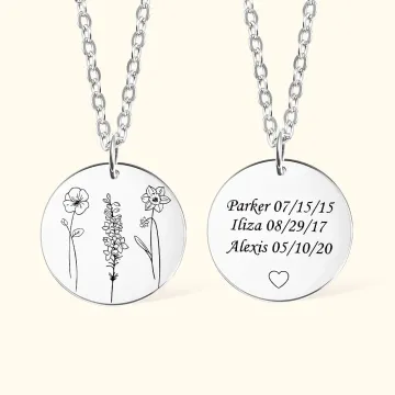 Discover Personalised Birth Flowers Necklace with 1-4 Engraved Names Anniversary Mother's Day Gift for Her