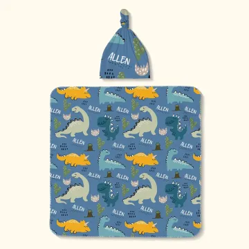 Discover Personalised Cute Dinosaur Soft Swaddle Blanket and Knot Hat Set with Name Birthday Baby Shower Gift for Newborns Baby Boy