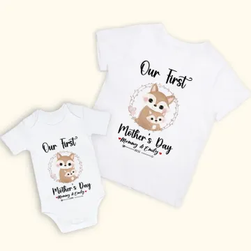 Discover Personalised Cute Fox Design 100% Cotton T-shirt and Baby Onesie Matching Outfit Our First Mother's Day Gift for Newborn New Mom