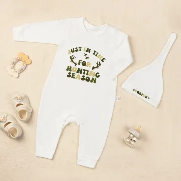 Discover Personalised Just In Time For Hunting Season 100% Cotton Baby Romper Hat Set with Name Outdoor Activity Outfit Hunting Season Gift for Newborns Babies