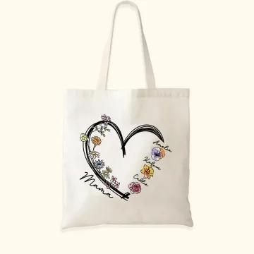 Discover Personalised Heart Birth Flower Reusable Canvas Tote Bag with 1-6 Names Birthday Christmas Gift for Mom Grandma
