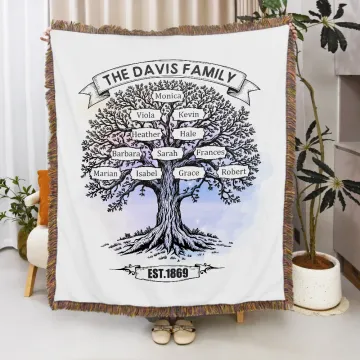 Discover Personalised Family Tree Tassel Soft Blanket with Name Year and Text Birthday Anniversary Gift for Family