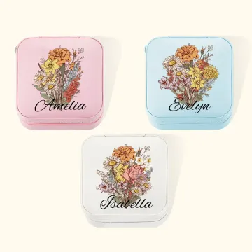 Discover Personalised Birth Flower Bouquet Portable Leather Jewellery Box with Name Travel Essentials Mother's Day Birthday Gift for Mom Grandma
