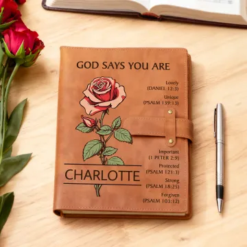 Discover Personalised God Says You Are Birth Flower A5 PU Leather Notebook Cover with Name and Pocket Birthday Baptism Gift for Christian