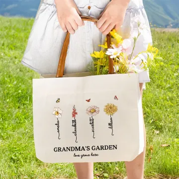 Discover Personalised Birth Flower Garden Canvas Tote Bag with Name Handle Birthday Christmas Gift for Women Girls