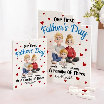 Discover Personalised As A Family of Three Cartoon Characters Building Brick Puzzles with Name and Date Home Decor Father's Day Gift for Dad Family