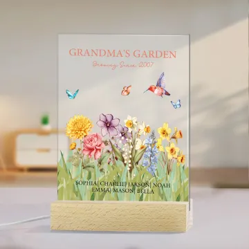 Discover Personalized Grandma's Garden Birth Flower LED Night Light with Names and Wooden Base Home Decor Anniversary Appreciation Gift for Grandma Mom