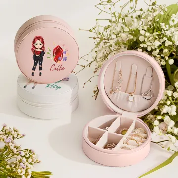 Discover Personalised Fashion Cartoon Girl Portable Leather Jewellery Box with Floral Birthstone and Name Travel Essentials Birthday Gift for Women Girls