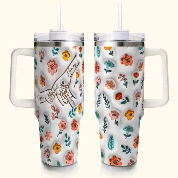 Discover Personalised Mom And Kids Hand In Hand 3D Flowers 40oz Insulated Tumbler with Names and Straw Mother's Day Gift for Mom Grandma