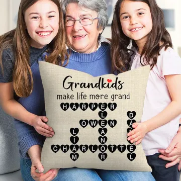 Discover Personalised Grandkids Make Life More Grand Crossword Puzzle Soft Throw Pillow Cover with Names Mother's Day Father's Day Gift for Mom Grandparents