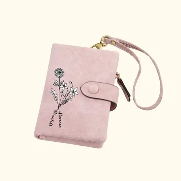 Discover Personalised Tri-Fold Family Birth Flower Leather Wallet Coin Holder  with Name Birthday Gift for Woman