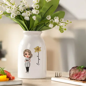 Discover Personalised Birth Flower Cartoon Cooking Mama Ceramic Vase with Name Home Decor Mother's Day Birthday Gift for Cooking Lovers Women