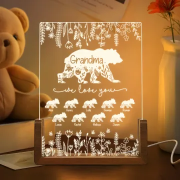 Discover Personalised Cute Bears We Love You Acrylic LED Night Light with Wooden Base and 1-12 Names Home Decor Birthday Mother's Day Gift for Mom Grandma