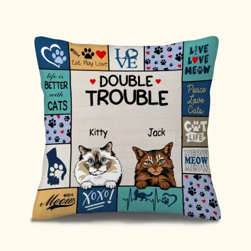 Discover Personalised Double Trouble Lovely Cats Throw Pillow Cover Home Decoration Gift for Cat Dad Cat Mom Cat Lover