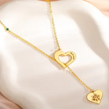 Discover Personalised Birthstone Birth Flower Heart-shaped Hollow Pendant Necklace Dainty Jewellery with Name Birthday Anniversary Gift for Women