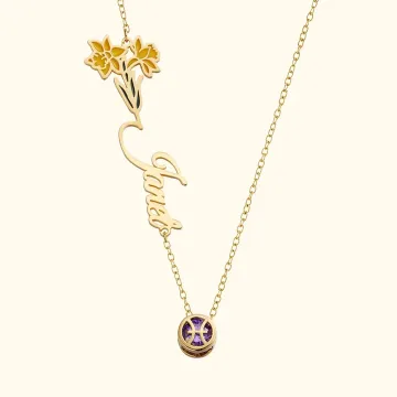 Discover Personalised Birth Flower Zodiac Sign Necklace with Sideways Name Anniversary Birthday Gift for Her