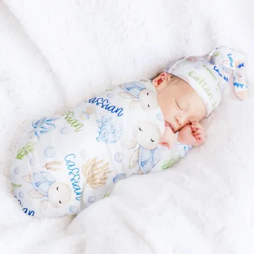 Discover Personalised Cute Cartoon Turtle Baby Blanket Swaddle with Name Baby Shower Receiving Gift for Newborn