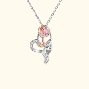 Discover Personalised Birthstone Rose Necklace with 1-3 Engraved Names Birthday Mother‘s Day Gift for Her