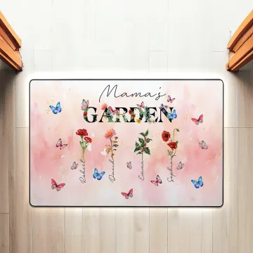 Discover Personalised Mama's Garden 1-8 Birth Flowers Butterfly Names Door Mat Home Decor Mother's Day Birthday Gift for Mom Grandma