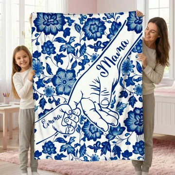 Discover Personalised Toile De Jouy Holding Hands Soft Throw Blanket with Names Home Decor Mother's Day Gift for Mom Grandma