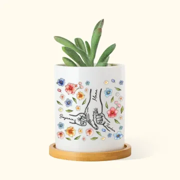 Discover Personalised Watercolour Flowers 3D Effect Hand in Hand Ceramic Plant Pot with Names and Bamboo Base Mother's Day Gift for Mom Grandma