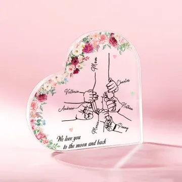 Discover Personalised Love You To the Moon and Back Holding Hands Acrylic Heart Plaque with 1-8 Names Mother's Day Birthday Gift for Mom Grandma