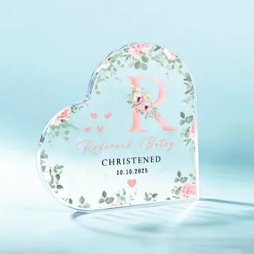 Discover Personalised Floral Initial Heart-Shaped Acrylic Plaque with Name and Text Baptism Birthday Gift for Newborns