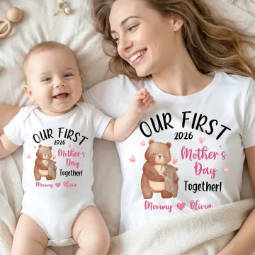 Discover Personalised 100% Cotton First Mother's Day Bear Pattern T-shirt Bodysuit with Name and Year Daily Wear Mother's Day Gift for Mom Grandma