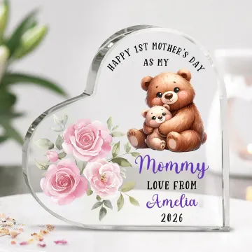 Discover Personalised Happy 1st Mother's Day Cute Animal Heart-shape Acrylic Plaque with Name Desk Decor Mother's Day Birthday Gift for Mom