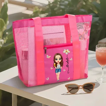 Discover Personalised Cartoon Character Birth Flower Mesh Beach Tote Bag with Name Summer Vacation Swimming Pool Birthday Gift for Women Girls