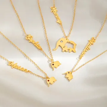Discover Personalised Elephant Mom and Kid Necklace Set with Name and Birthstone Dainty Jewellery Mother’s Day Birthday Gift for Her