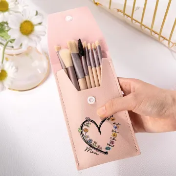 Discover Personalised Love Heart 1-6 Birth Flowers PU Leather Makeup Brush Bag with Nickname and 8 Pcs Makeup Brushes Birthday Mother's Day Gift for Women