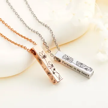 Discover Personalised 1-4 Sides Engraved Ashes Urn Bar Necklace with Birth Flower and Text Cremation Jewellery Memorial Gift for Her
