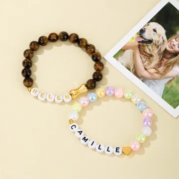 Discover Personalised Bone Heart Elastic Beaded Bracelet with Name Pet Jewellery Birthday Gift for Dog Mom Dog Dad Pet Lover
