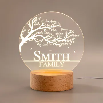Discover Personalised Family Life Tree Acrylic Night Light with Wooden Base Nursery Decor Mother's Day Birthday Gift for Family
