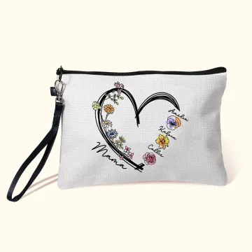 Discover Personalised Heart Birth Flower Linen Makeup Bag with Wrist Strap and 1 - 6 Names Birthday Mother's Day Travel Accessories Gift for Mom Grandma