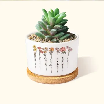 Discover Personalised Birth Flower Ceramic Plant Pot with 1-16 Names and Bamboo Base Birthday Mother's Day Gift for Mom Grandma